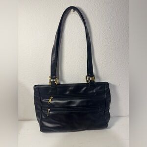 Vintage SAS Black Leather Shoulder Bag - Double Straps, Zip & Snap Front
